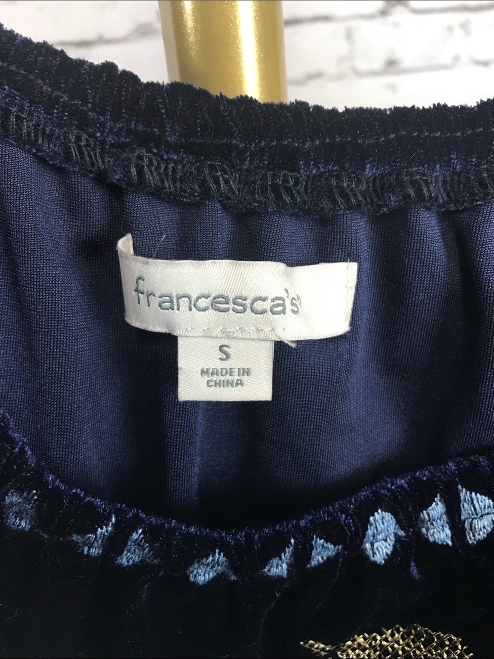 Francesca's | Navy Velvet Off-Shoulder top with Blue & Gold Floral Embroidery, S - Picture 4 of 4
